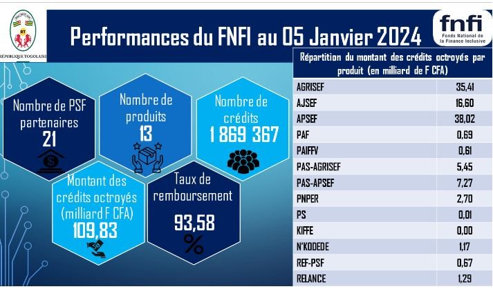 Togo: environ 110 milliards FCFA de crédit accordés via le FNFI en 10 ans